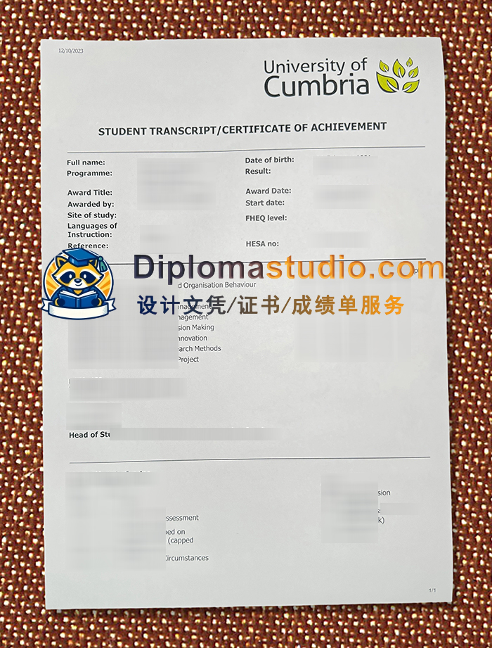 坎布里亚大学成绩单, University of Cumbria Transcript